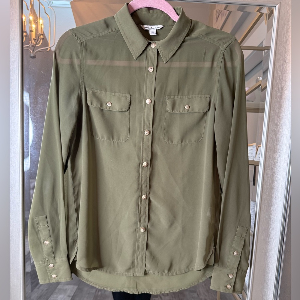 American Eagle Army Green Sheer Button Down Blouse – Size XS